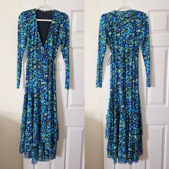 GANNI Mesh Wrap Dress Blue Floral Print Maxi 36, US S - Picture 3 of 13